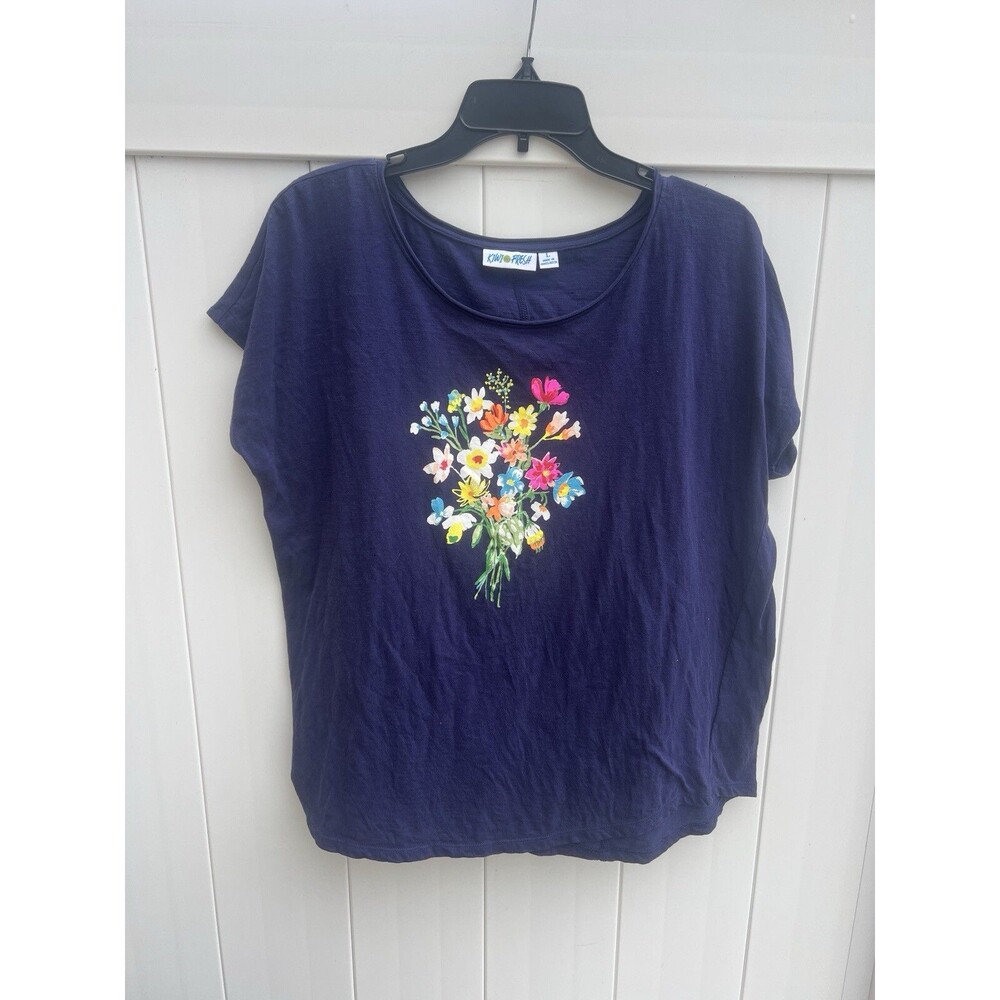 KIWI FRESH Short Sleeve T-Shirt Womens Size L Floral Print Blue 100% Cotton